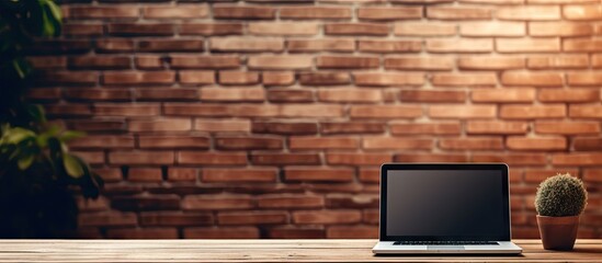 Poster - Beautiful interior of a house with a computer on a wooden table and a brick wall background