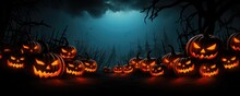 Spooky Halloween Pumpkins, Scary Forest . Scary Halloween Night. Generative Ai