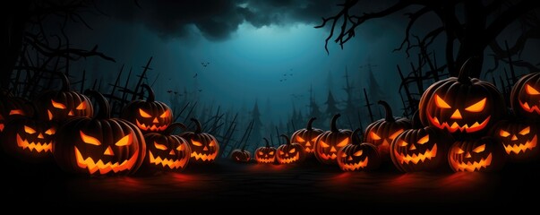 Spooky halloween pumpkins, Scary forest . Scary halloween night. Generative ai