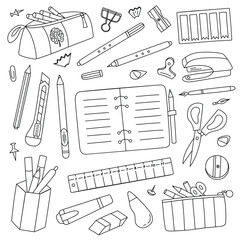 Wall Mural - Stationery hand drawn collection, doodle icons of school supplies, pencils and erasers, vector illustrations of stapler, scissors, office accessories, isolated outline clipart on white background