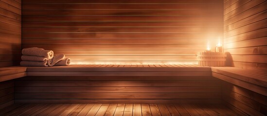 Poster - Close up view of an infrared sauna with wooden walls bench and ceramic heaters emphasizing a healthy lifestyle