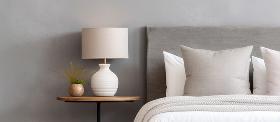 Modern bedroom with a white bed grey pillow black lamp on wooden table