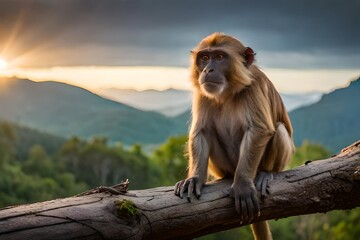 Wall Mural - monkey sitting on wood