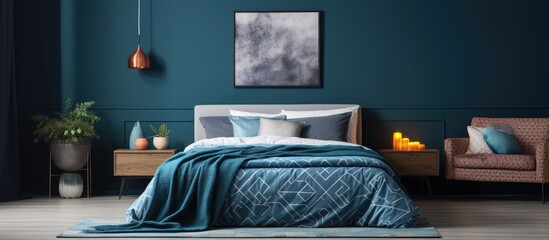 Sticker - Real photograph of a modern bedroom interior with a blue bed covered by a dark blanket and decorated with patterned pillows and posters