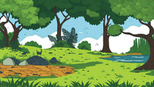 A Cartoon Scene With A River And Trees, Forest Background