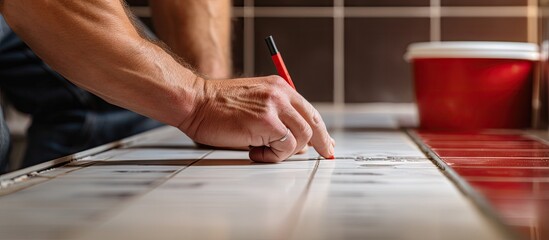 A man in the kitchen using a measuring tape measuring distance for tile repairs in the apartment