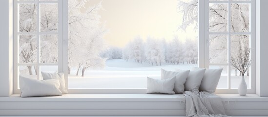 Canvas Print - Scandinavian interior design featuring modern furniture in a white room with a winter landscape visible through the window