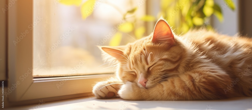 Cat sleeping on windowsill with soft pastel sunlight Stock Photo ...