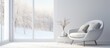 © HN Works - Scandinavian interior design featuring modern furniture in a white room with a winter landscape visible through the window