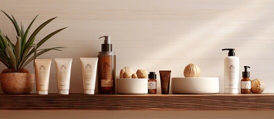 Poster - Cosmetic products arranged on a bathroom shelf Various creams toner and gel