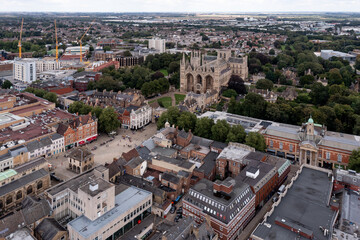 Wall Mural - Aerial front view of Peterborough cityscape skyline and Cathedral Square