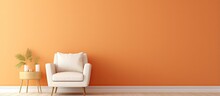 Of A Light Orange Wall White Wooden Floor And An Empty Room With An Armchair