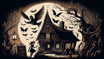 Spooky and whimsical hand-drawn illustration with witch flying over a haunted house surrounded by ghostly figures, halloween background with house, Ai generated image  