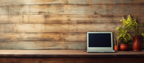 Poster - An antique computer on a wooden table in the living area