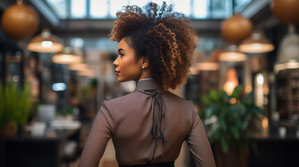 Canvas Print - Black businesswoman with afro hair. Back view.