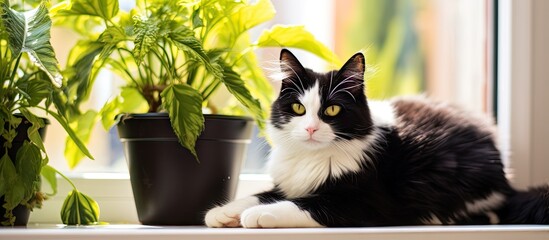 Poster - A black and white cat with yellow eyes rests by a potted plant on a white windowsill