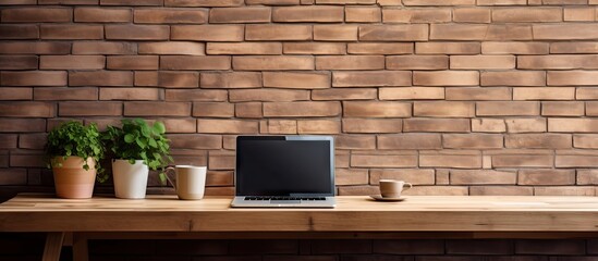 Poster - Beautiful interior of a house with a computer on a wooden table and a brick wall background
