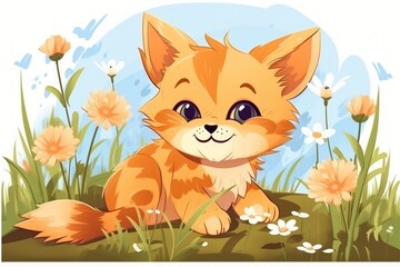 Funny cat in nature. Drawn cartoon animal pet illustration. Generative ai