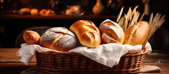 Various bread types in the restaurant s interior basket