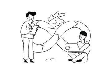 Poster - DevOps concept with people scene in the flat line cartoon design. Managers perform tasks by uniting all specialists to quickly achieve goals. Vector illustration.