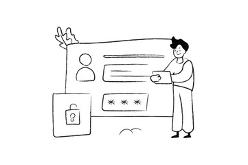 Aufkleber - Login concept with people scene in the flat black and white cartoon design. The guy registers in a new social network by creating an account. Vector illustration.
