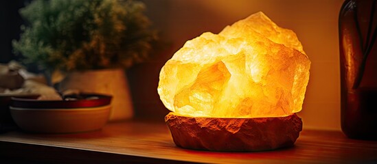 Canvas Print - Himalayan salt lamp glows yellow promoting health and harmony near a window on a curbstone