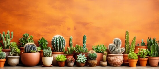 Sticker - Various cacti displayed on table with brick wall backdrop for interior design