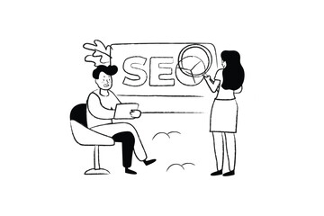 Poster - SEO concept with people scene in the flat line cartoon design. SEO specialists analyses and work on optimizing clients' websites . Vector illustration.