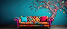 Colorful Wallpaper In A Living Room Contains A Sofa