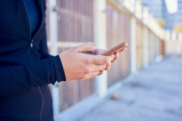 Aufkleber - Phone, hands and person outdoor for location, search or internet, maps and travel guide with text in city street. Smartphone, app and online for social media, notification or web chat while waiting