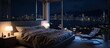 Elegantly comfortable bedroom with a nighttime view