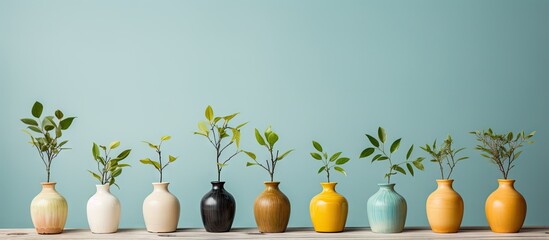 Poster - Different shaped ceramic vases hold small trees and green leaves on a wooden desk