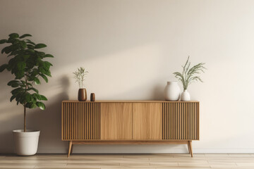 Beige wooden sideboard in front of a wall in a minimalistic interior design composition. 