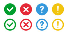 Green Check And Red Cross Symbols, Blue Question Marks, And Yellow Exclamation Point Vector Sign Symbol