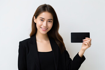 A pretty girl in a business suit holds a black flyer or a bank card in her hand on a light background. Empty space for product placement or promotional text.