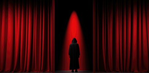 Wall Mural - A person standing in front of a red curtain, AI