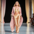 Woman on a catwalk presenting pink and gold clothes