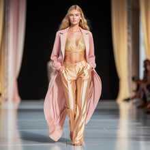 Woman On A Catwalk Presenting Pink And Gold Clothes