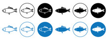Fish Icon Set. Salmon, Trout, Or Tuna Fresh Fish Vector Symbol In Black And Blue Color.