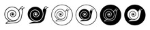 Snail Icon Set. Cute Slow Snail With Shell Vector Symbol. Simple Slug Icon. Gastropods Sign In Black Filled And Outlined Style.