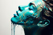 Brunette with turquoise paint pouring from above on face, side view, white colours