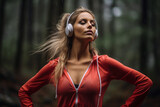 Caucasian sports woman listening to music on headphones outdoors