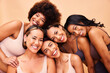 © Anela/peopleimages.com - Beauty, diversity and portrait of women happy with makeup for cosmetic skincare isolated in studio brown background. Skin, aesthetic and young friends together for self care, dermatology and support