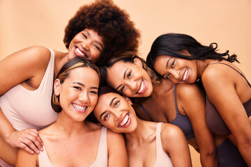 Beauty, diversity and portrait of women happy with makeup for cosmetic skincare isolated in studio brown background. Skin, aesthetic and young friends together for self care, dermatology and support