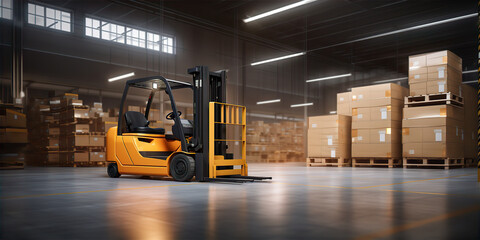 Forklift truck on concrete floor inside distribution warehouse or store. Machine or equipment for move, lifting and transport. Include cardboard box, pallet and shelf. Concept of logistics, shipping.