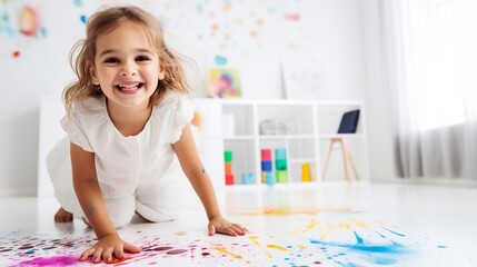 Little girl playing with colors on bright blur home background, creative children concept, with copy space.