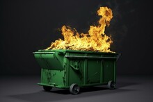 3D-rendered green dumpster fire on gray background, in 8K resolution. Generative AI