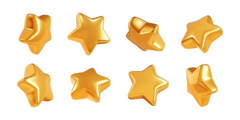 floating golden glossy star in different angles 3d illustration collection.