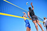 Beach volleyball match, blue sky and sports team jump, playing competition and practice for tournament challenge. Below view, athlete action and people in air workout, training or nature exercise