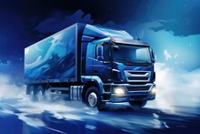 A Blue Semi Truck Driving Through A Cloudy Sk